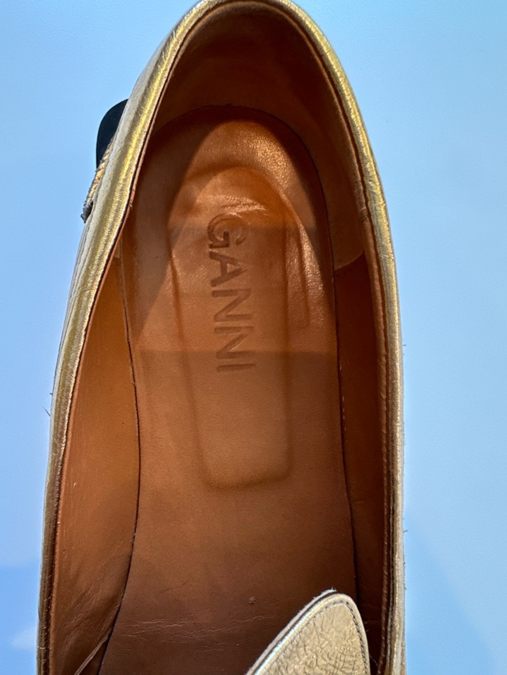 GANNI Gold Metallic Loafers Crystal Embellished Leather Size 39 - Picture 5 of 10